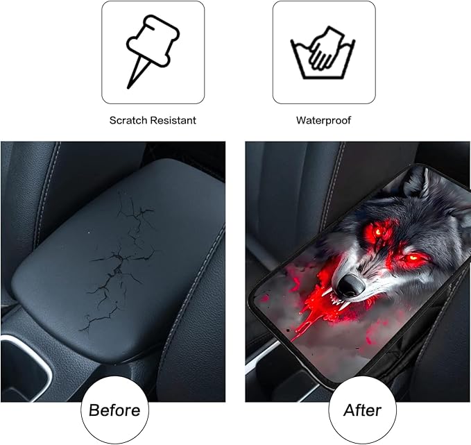 JANENFNA Car Armrest Cover Pads Universal Fashion Cute Auto Center Console Armrest Cover Pad with 2PCS Car Coasters Soft Waterproof Car Armrest Seat Protector for Women,Blood Wolf