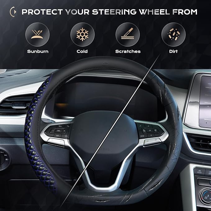 Coverado Car Steering Wheel Cover, Nappa Leather Black & Blueline Steering Wheel Covers, Universal 14-15 inch, Anti-Slip, Breathable Steering Wheel Protector for Women Men