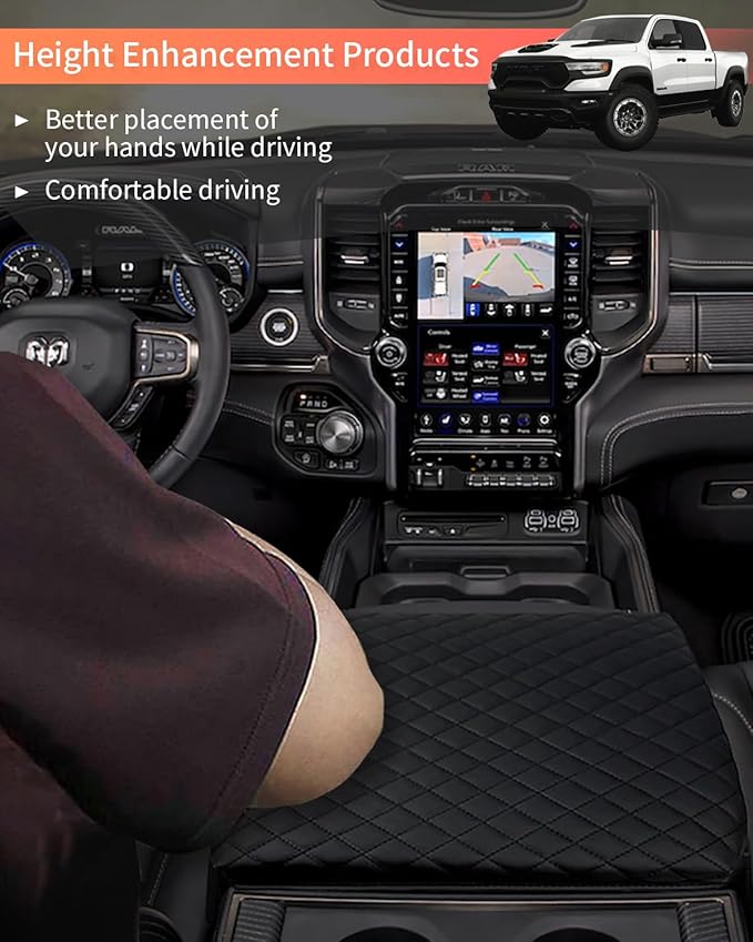 Center Console Cover for 2019-2026 Ram 1500 Center Console Cover, Armrest Cushion Pad Accessories with Side Pockets, PU Leather for 5th Ram 1500 Anti-Scratch for Ram 1500 Accessories