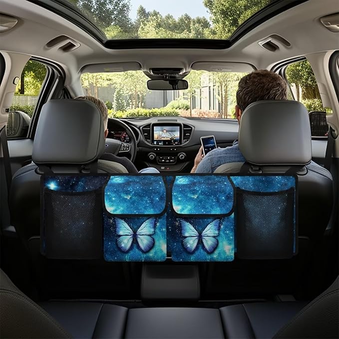 Hanging Car Trunk Organizer Blue Galaxy Space Butterfly Car Organization Women Collapsible Cargo Bag with 4 Storage Bags,Easy to Install