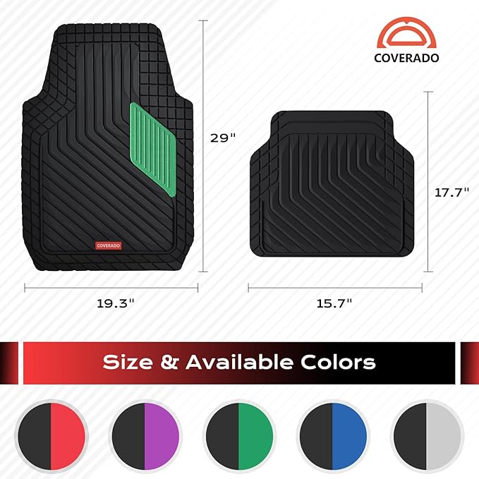 Coverado Car Floor Mats Full Set – Heavy-Duty PVC Floor Mats with Green Metallic Heel Pad, All-Weather Protection for Front & Rear, Non-Slip Backing, Easy-Clean Interior Liners