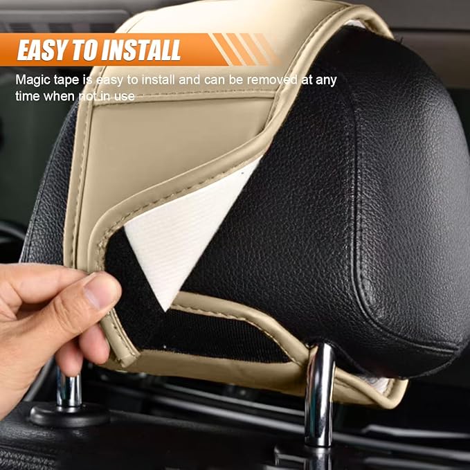 2PCS Car Headrest Covers for Back Seat, Leather Dirt-Proof Car Seat Head Rest Protector with Pocket, All Season Universal Auto Interior Decoration Headrest Organizer for Phone, Key (Beige)