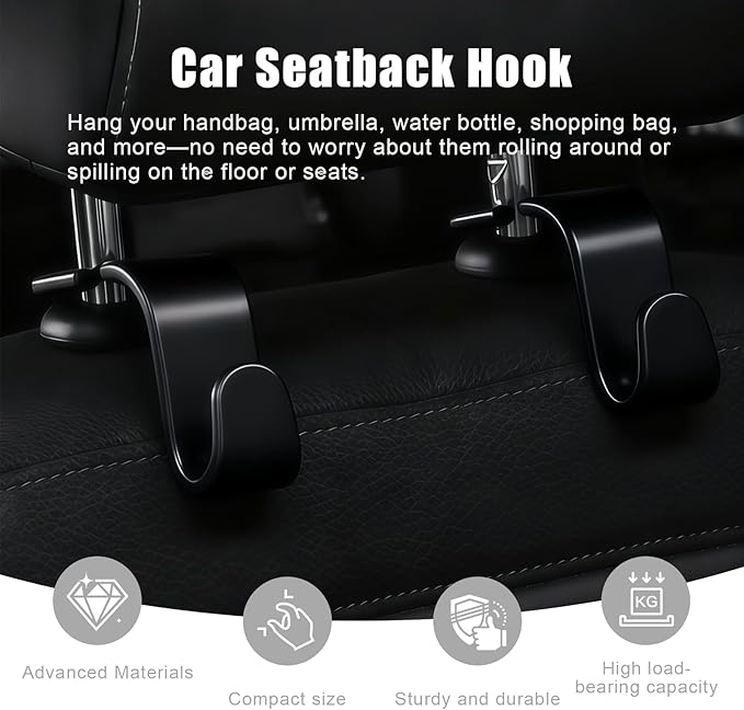 4 PCS Car Headrest Hooks - 360 Rotatable Auto Back Seat Storage Organizer, Universal Vehicle Car Organization Hangers for Purses, Bags, Cloths & Water Bottles Hook Seat Accessories, Black
