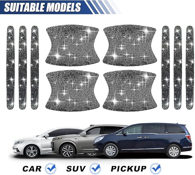 10PCS Bling Car Door Handle Protector, Crystal Rhinestone Anti-Scratch Car Bowl Decoration Sticker Decal, Universal Auto Exterior Door Protective Covers Accessories for Women (Mineral Black)