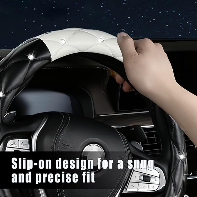 Diamond Leather Steering Wheel Cover Women, Girly Bling Steering Wheel Cover, Sparkly Non-Slip Soft, 15 Inch Interior Accessories for Women Girls Vehicle, Black & White