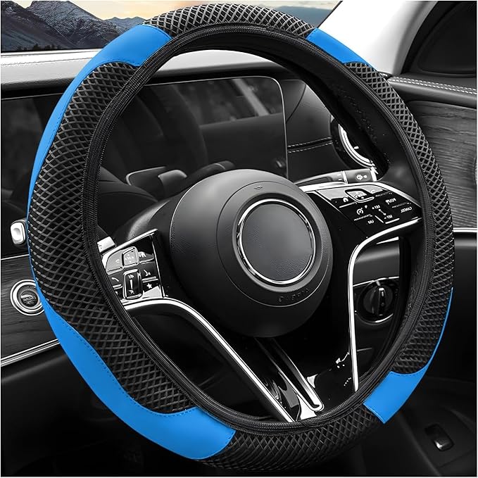 Elastic Stretch Steering Wheel Cover, Warm in Winter and Cool in Summer, Universal 15 inch Microfiber Breathable Ice Silk Anti Slip Car Interior Accessories, Odorless, (Black Blue)