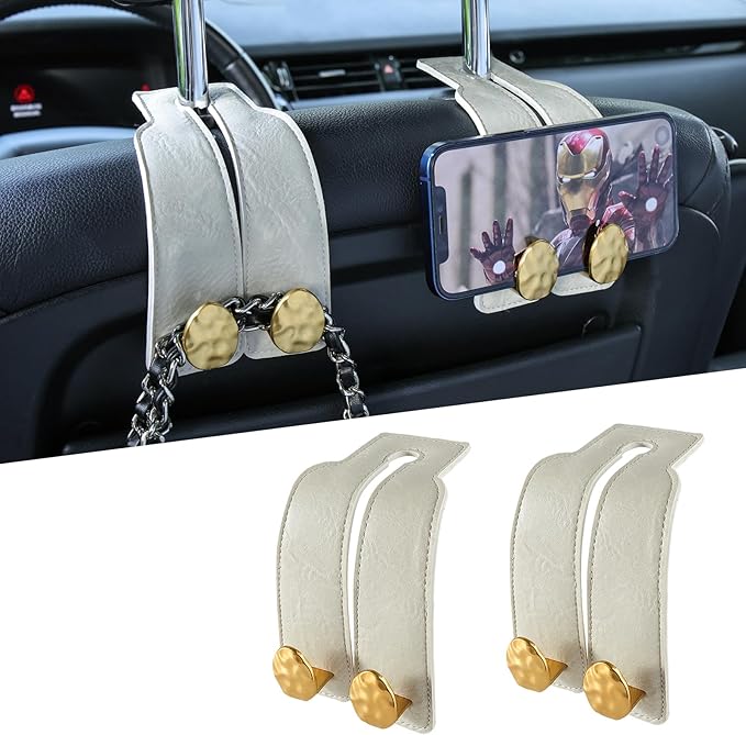 URIZZD 2PCS Leather Car Seat Hooks for Headrest, Vehicle Hanger Storage Organizer Universal for Handbag Purse, Car Accessories Gift (White-Gold)