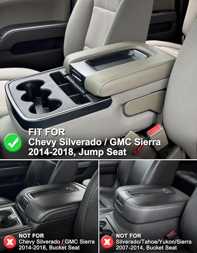 KBH Center Console Armrest Cover Replacement for Chevy Silverado & GMC Sierra 1500 2500 3500 2014-2018, Vinyl Leather Upholstery, Split Bench Jump Seat (Cocoa Dune Brown)