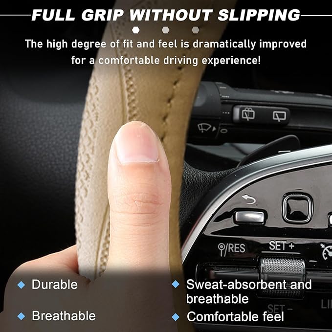 15 Inch Leather Steering Wheel Cover, Breathable Anti-Slip Steering Wheel Protector Cover, Elastic Soft Comfortable Universal Wheel Cover for Men and Women, Car Accessories (Beige)