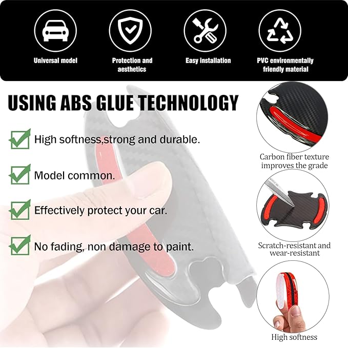8Pcs Car Door Handle Protector Reflective Sticker,3D Carbon Fiber Universal Door Handle Scratch Protector Cover,Self-Adhesive & Non-Marking,Paint Guard Protective Films (Red)