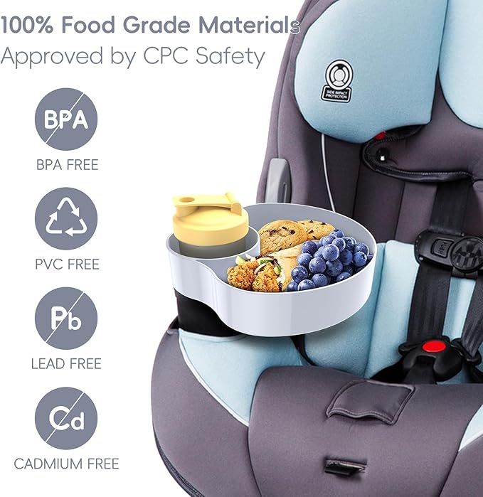 2PCS Resptasski Car Seat Cup Holder Snack Tray for Kids – Travel Tray for Car, Booster, Stroller, Outdoor Essentials Kit. Universal Adjustable Tray with Detachable Base for Snacks, Toys, Food (Grey)