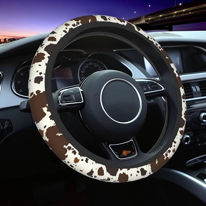 Brown Western Cow Print Steering Wheel Cover for Women Men with 2 Pcs Car Coasters, 15 Inches Neoprene Anti-Slip Cute Universal Car Accessories Protective Cover for Vehicle
