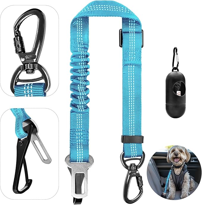 Dog Seat Belt for Car, Dog Car Harness Dog Seatbelt in Car, Safety Leash with Woven Elastic Nylon Buffer Adjustable Rotating Buckle and Dog Poop Bags (19.6-31.5in, Blue)