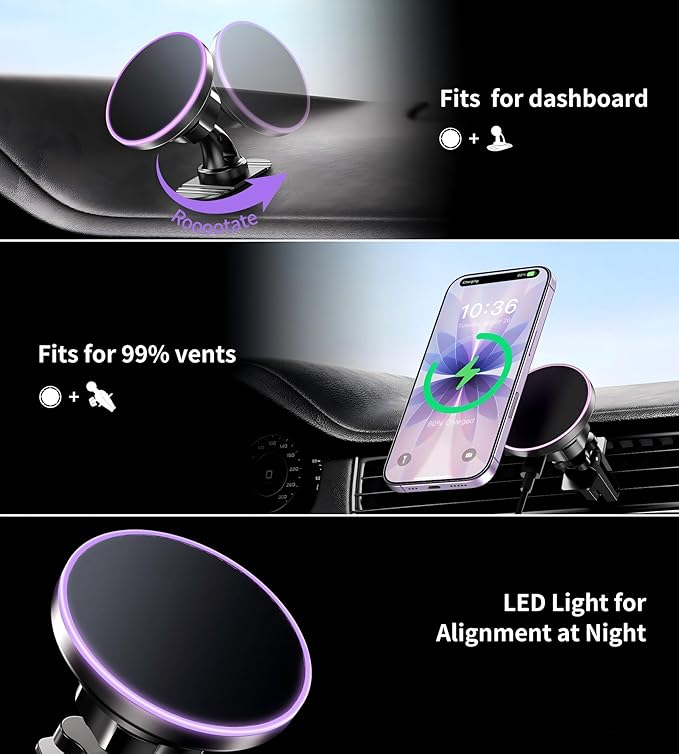 for Magsafe Car Mount Charger, [2025 Upgrade] 15W 2in1 Magnetic Wireless Car Charger, for Magsafe Car Charger, Vent/Dashboard Phone Holder, ONLY for iPhone 17 16 15 14 13 12 Series(Purple)