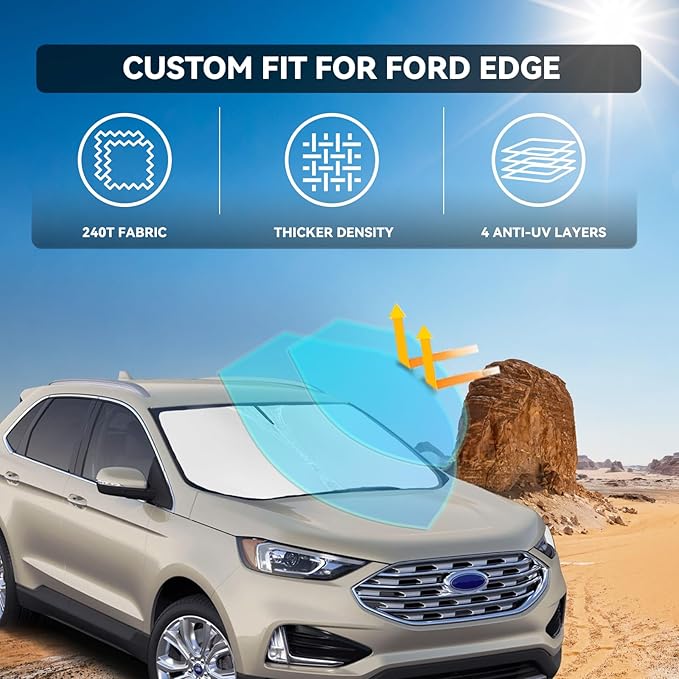 for Ford Edge 2015-2024 Windshield Sun Shade - 4 Layers Car Sunshades for Front Windows Shade Cover Custom Fit Edge Sun Visor 240T Retractable Shade Blocks UV Rays Car Accessories