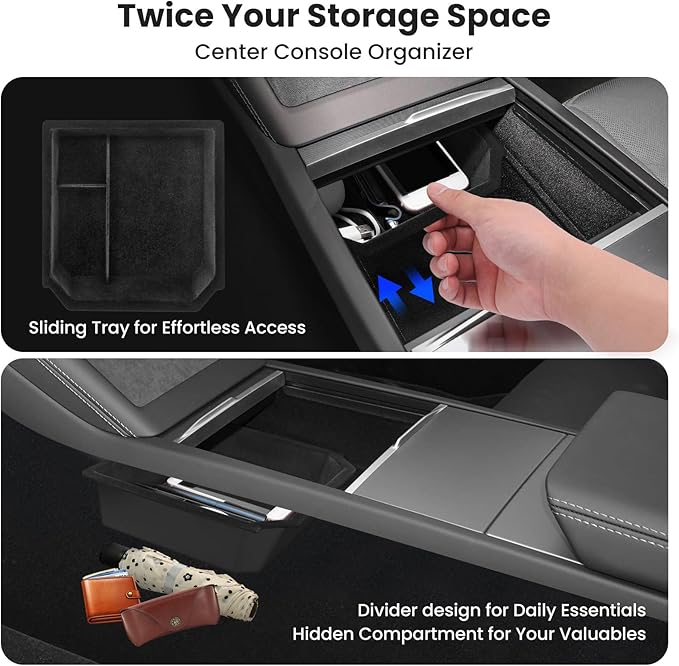 4Pcs Center Console Organizer Tray for Tesla Model Y Juniper 2025 2026 and Model 3 Highland 2024 2025 Accessories, Armrest Hidden Storage Box for New Model 3, Cup Holder Insert for New Model Y