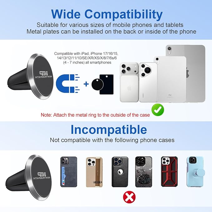 Ultra-Strong Aluminum Magnetic Phone Holder for Car [2-Pack] – Universal Air Vent Mount with 4 Metal Plates, Compatible with iPhone 16 Pro/15,14,13, Samsung, iPad & mini Tablets(Gray
