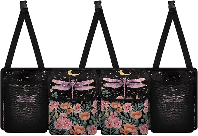 Car Trunk Organizer, Large Capacity Auto Backseat Hanging Organizer, Thick Backseat Storage Bag with 2 Pockets, 2 Mesh Pockets, Car Trunk Tidy Storage Bag with Lids,Dragonfly
