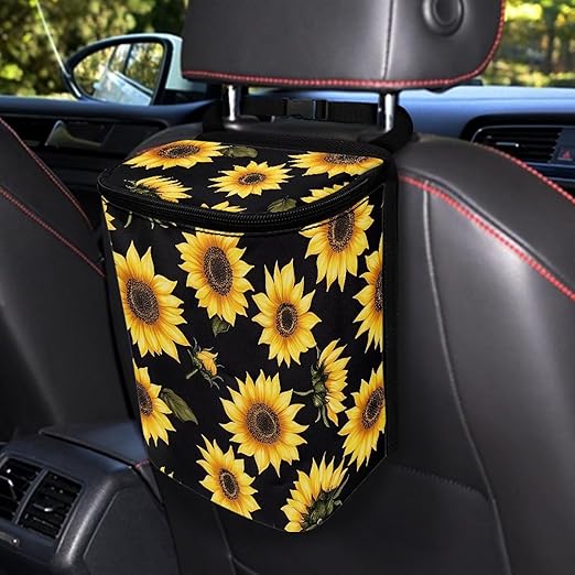Car Trash Can with Lid Cars Trash Bag Bin Hanging Garbage Cans Leak Proof Vehicle Trash Can Multipurpose Storage Container, Sunflower Pattern