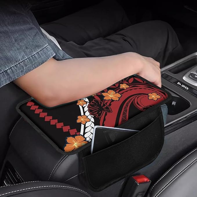 CLOHOMIN Red Polynesia Car Armrest Storage Box Pad Orange Hibiscus Center Console Armrest Cover for Most Vehicles Easy to Install Auto Armrest Covers Accessories with 2 Storage Pockets