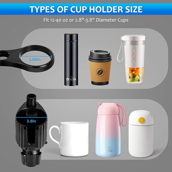 Car Cup Holder Extender Tray, 5-in-1 Removable Car Food Tray, Three Cup Holders and Width Adjustable Swivel Phone Holder, Additional widening Pads Make it Suitable for Most car Models