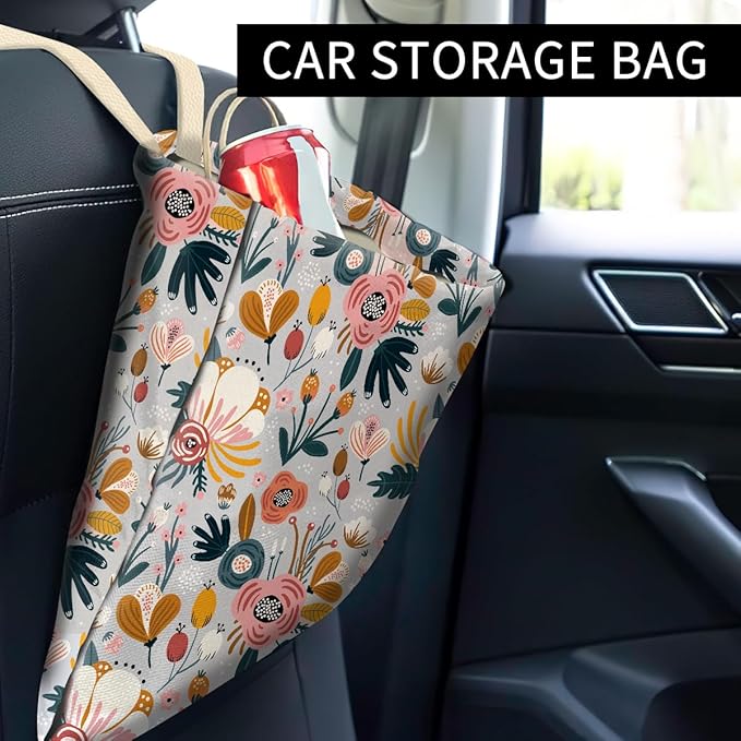 ABUIFDK Car Trash Can, Cute Car Trash Bag, Hanging Car Organizer and Storage Bag, Trash Bin for Car Accessories, Vehicle, Travelling, Camping Cute Blue Flowers