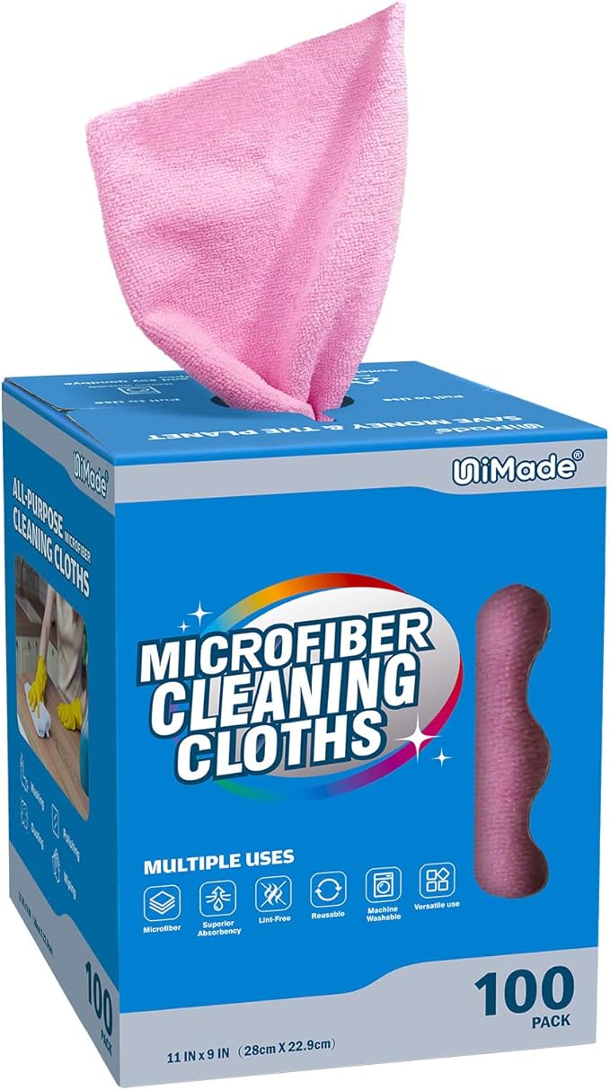 UNIMADE Microfiber Cleaning Cloth, 100 Sheets Microfiber Towels for Cars Commercial Grade Shop Towel Washcloths Lint-Free Bulk Cleaning Rags for Mechanic Restaurant Garage Housekeeping, 11"x 9", Pink