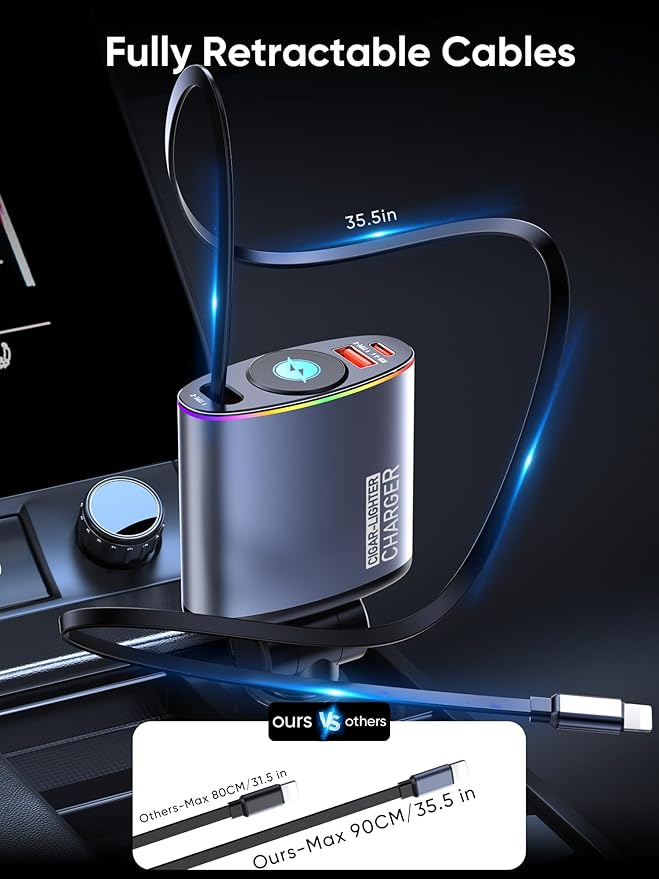 Retractable Car Charger,Topume 60W Fast Charging USB C Car Charger,Retractable Cable 2.9FT[for iPhone Cable] and Colorful Ambient Lighting car Adapter for iPhone 16/15/15 Pro Max/14/13/12/11,Galaxy