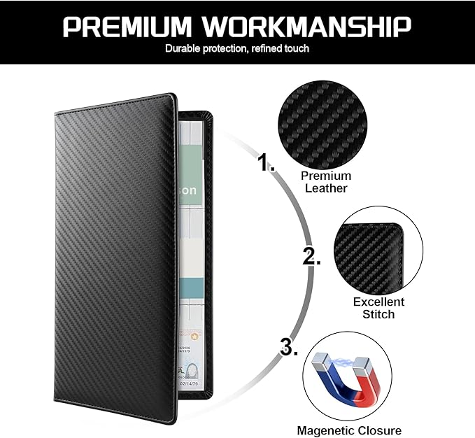 JUSTTOP 1Pack Car Registration and Insurance Holder,Car Document Holder for Cards License with Magnetic Shut,Vehicle Glove Box Car Organizer for Documents, Cards, License(Carbon Fiber Black)