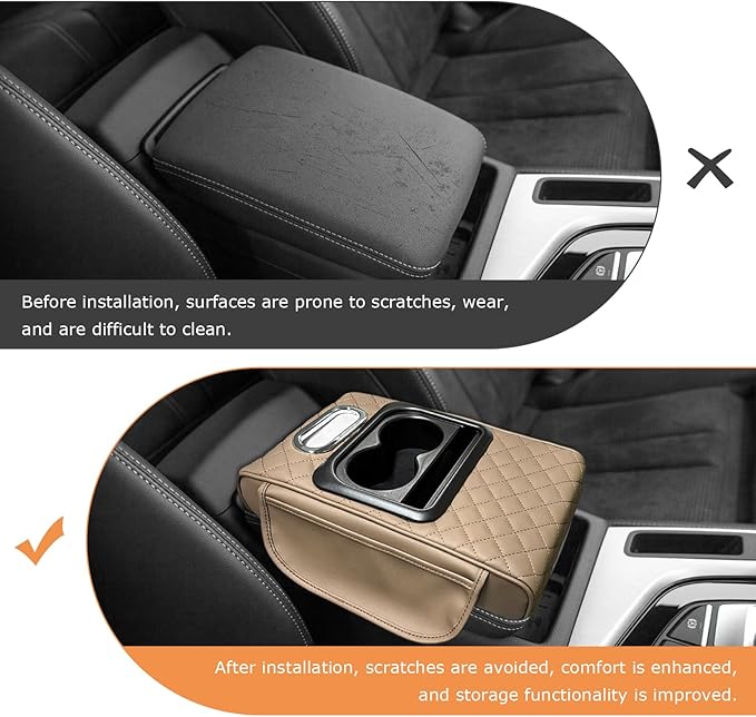 Car Center Console Armrest Pillow, 5-in-1 Armrest Cushion w/ 2 Side Bags, Tissue Box Slot, Cup & Phone Holder, Multifunctional Leather Arm Rest Cover Storage Organizer (Beige, Embroidered)