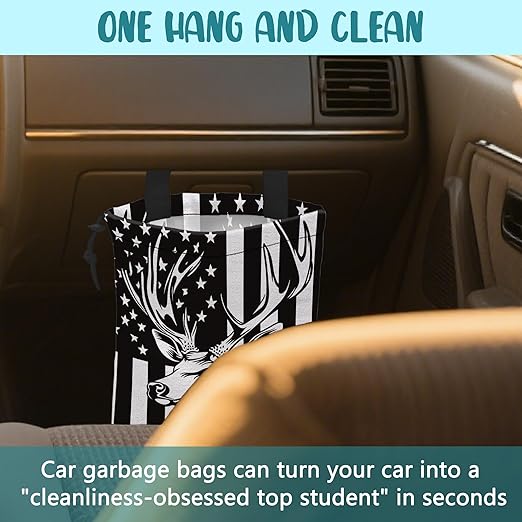 KXWQTRDD Black White American Flag Car Garbage Bag Deer Head Drawstring Car Trash Bag Hanging for Back Seat with Adjustable Buckle Canvas Vehicle Trash Can Easy-to-Install