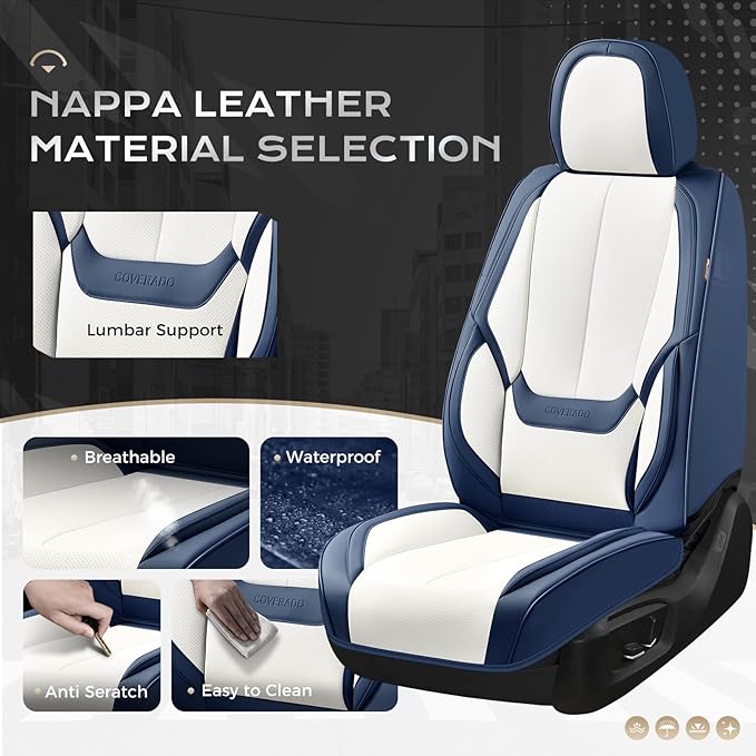 Coverado Seat Covers, Car Seat Covers Front Seats, Leather Seat Covers for Cars, Car Seat Protector Waterproof, Car Seat Cushion, Front Carseat Cover Universal Fit for Most Cars, Blue White