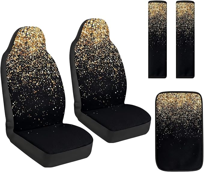 FUSURIRE 5Pcs Car Accessories Set Golden Sequins Print PU Front Seat Covers, Seat Belt Covers & Center Armrest Pad Universal FIT for Car, SUVs,Van,Small Trucks