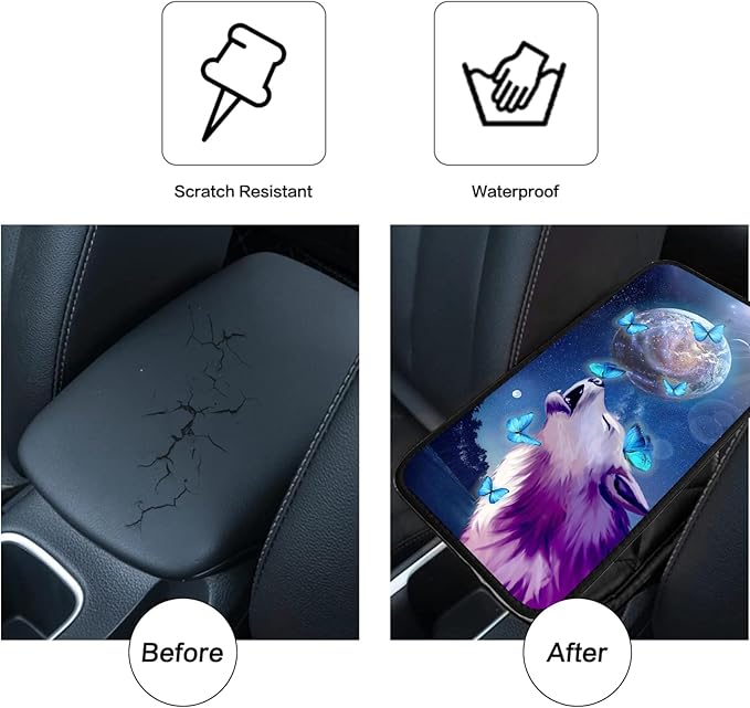 JANENFNA Car Armrest Cover Pads Universal Fashion Cute Auto Center Console Armrest Cover Pad with 2PCS Car Coasters Soft Waterproof Car Armrest Seat Protector for Women,Growling Wolf Butterfly