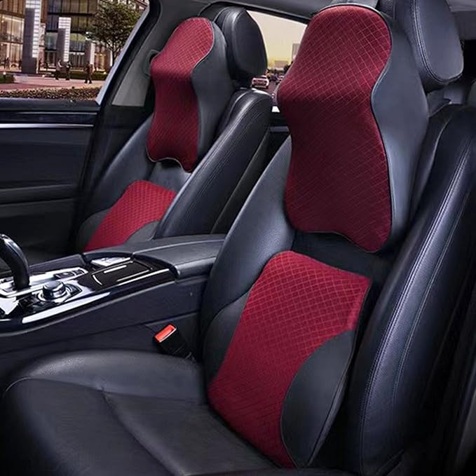 Car Headrest and Lumbar Support Pillow for Honda Civic 2012-2026 Seat Back Cushion Neck Pillow Driving Support Cushion Interior Accessories,1 Set of headrest and Lumbar Support-Red Style