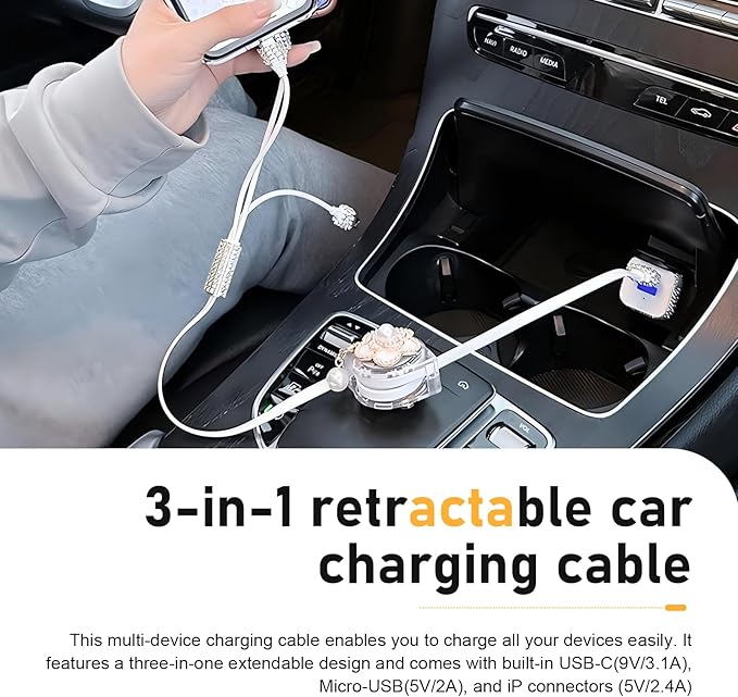 Car Retractable Multi Charging Cable, 3 in 1 Fast Charger Cord, Camellia Patterned/Heart-shaped Diamond-studded Car Charger Cable, Stylish for Women, Compatible with Phone, Tablets (White)