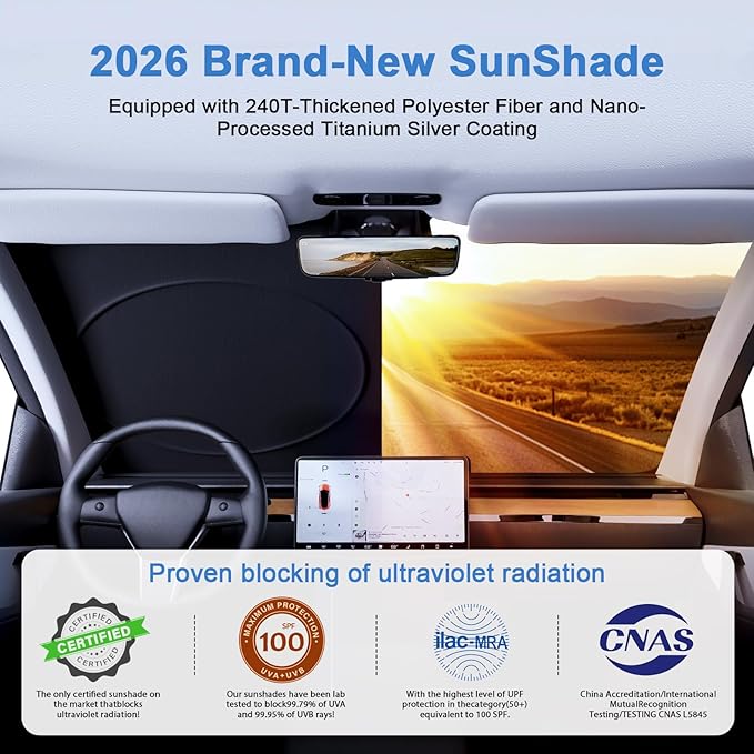PEMOTech Windshield Sun Shade with Storage Pouch | 6X Thickened Coating | Overlapping Sun Shade for Car Windshield | Blocks 99% Sunburn & Keeps Interior Cool | Rear View Mirror Compatible (64''x32'')