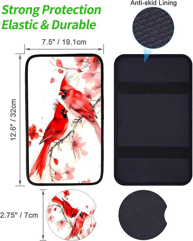 JANENFNA Car Armrest Cover Pads Universal Fashion Cute Auto Center Console Armrest Cover Pad with 2PCS Car Coasters Soft Waterproof Car Armrest Seat Protector for Women,Cute Cardinal Bird