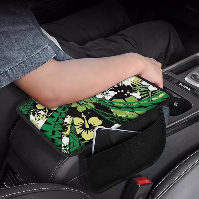CLOHOMIN Green Polynesia Auto Armrest Cover Pad Hibiscus Car Armrest Seat Box Cover Fashion Center Console Cover for Car Truck Van Sedan Accessories