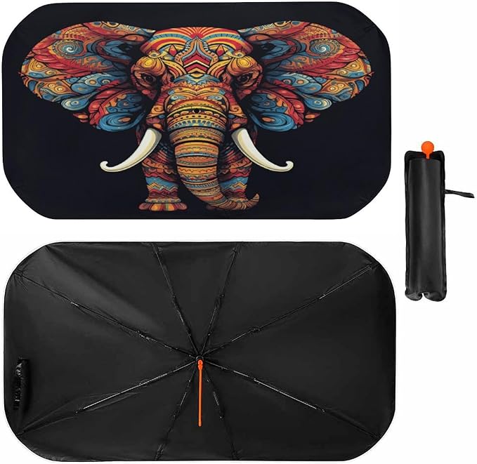 Buyidec Car Windshield Sunshade Umbrella Boho Vintage Elephant Foldable Car Windshield Sun Shade Cover Front Window Heat Insulation Protection Fit Most Vehicle 57 X 30 in