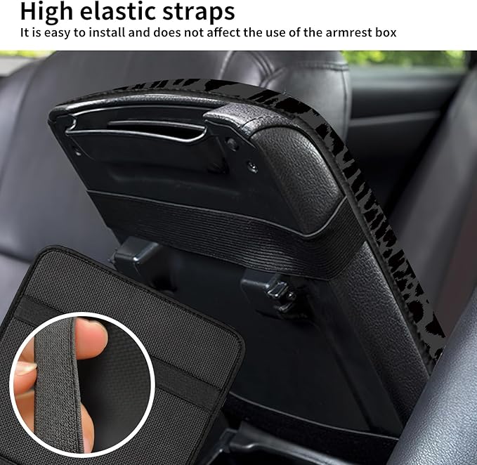 Car Center Console Cover, Universal Soft Large Neoprene Auto Armrest Seat Box Cover, Funny Car Decor Accessories Fit for Most Cars, Vehicles, SUVs Cute Black Leopard