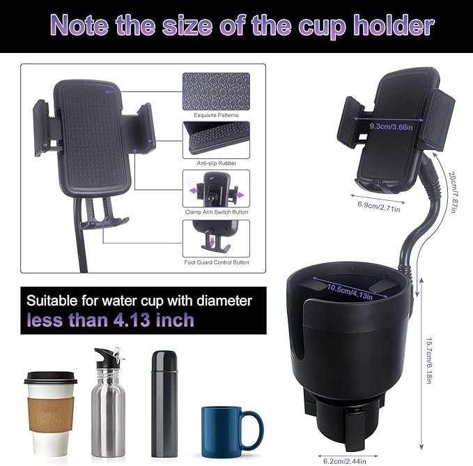 JINKEY Car Cup Holder Expander with Phone Mount,360°Rotation Gooseneck Phone Holder with Adjustable Base Cup Holder for Car Compatible with iPhone & All Smartphones
