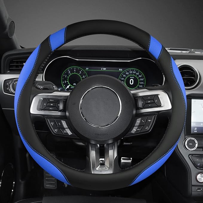 West Llama Car Steering Wheel Cover for Ford Escape,Explorer,Fusion,Focus,Bronco,Transit,Edge(Black+Blue- Standard Size)