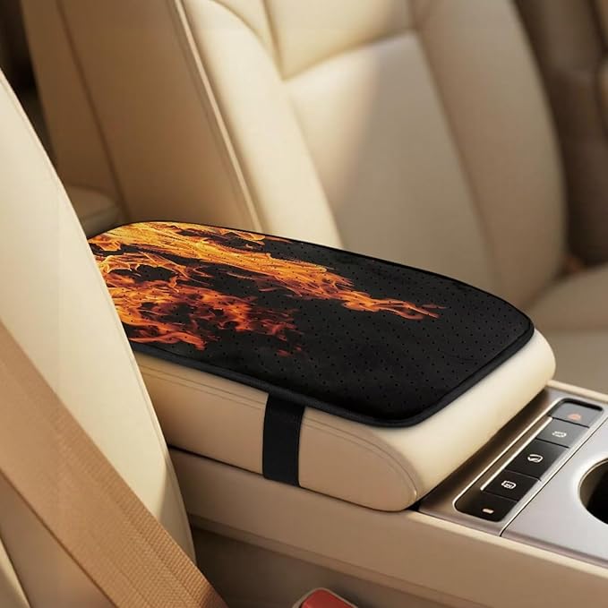Psesaysky 5-Piece Leather Car Accessories Full Set, Cool Flames Front Seat Covers Set of 2, Armrest Cover, 2 Pieces Seat Belt Covers, Universal Fit, Easy Installation