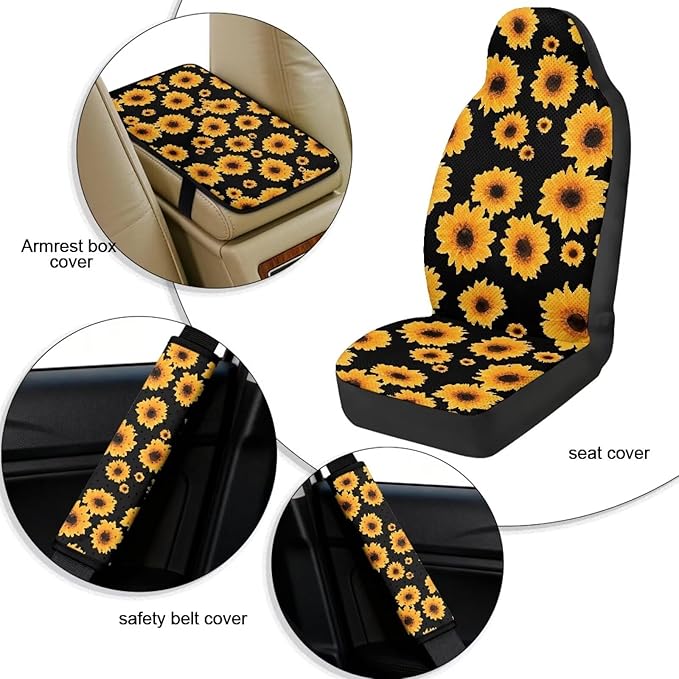 Qeluxign Sunflower 5 Piece Car Seat Covers Full Set, Front Seats Cover/Auto Seatbelt Shoulder Pads/Vehicle Center Console Armrest Cover, Universal Car Accessories Men Women Gifts