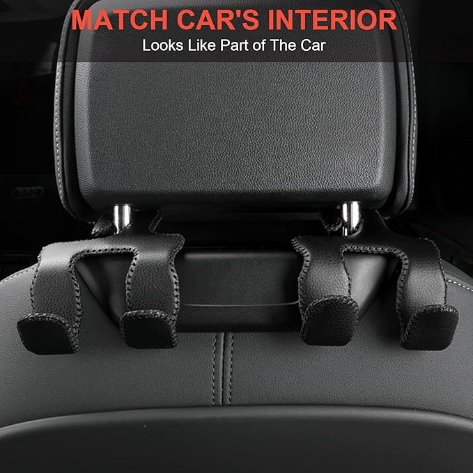 AMVOYOA 【2021 Upgraded】 Car Purse Hook, 2 in 1 Car Seat Headrest Hooks Durable Hanger Storage Holder Leather Organizer for Hanging Grocery Bags, 2 Pack, Black