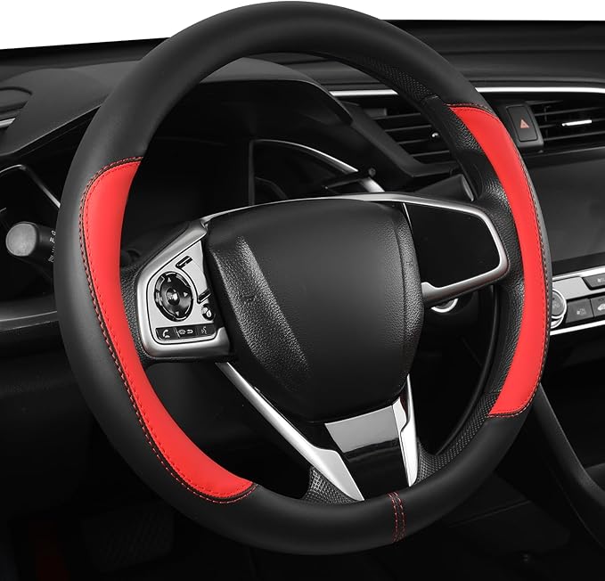 Car Steering Wheel Cover,Microfiber Leather Steering Wheel Cover Universal 15.5-16 inch, Anti-Slip Breathable Auto Wheel Cover Protector for Men Women (Black&Red)