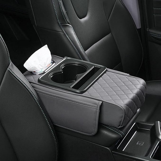 Car Armrest Box Mat, 5-in-1 Center Console Cover Cushion with Cup Holder Tissue Slot, Universal PU Leather Car Box Pad for Sedans Car Accessories Interior Organizers (Multi D04)