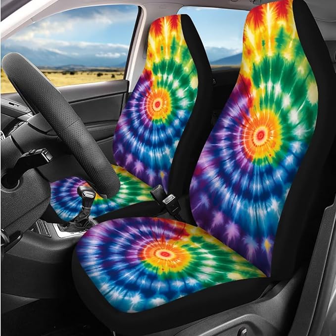 Dngkaoje 13 Pieces Tie Dye Car Seat Covers Full Set for Women Auto Interior Accessories Set for Front Rear,Hippie Tie Dye Print Collapsible Garbage Bin,Armrest Pad Cover,Handbrake Shift Covers