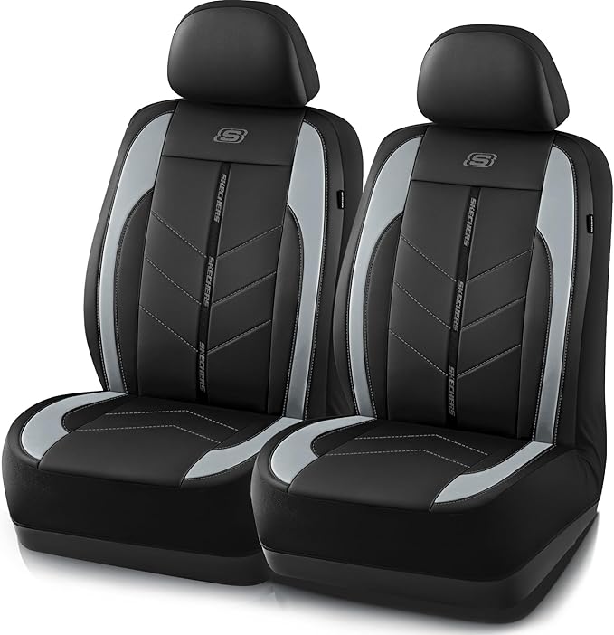 Skechers Car Seat Covers,Luxury Faux Leather Seat Covers,Waterproof Anti Slip Car Seat Protector Front Seats,Car Accessories Airbag Universal Fit for Most Cars,Vans,Trucks,SUV,Grey